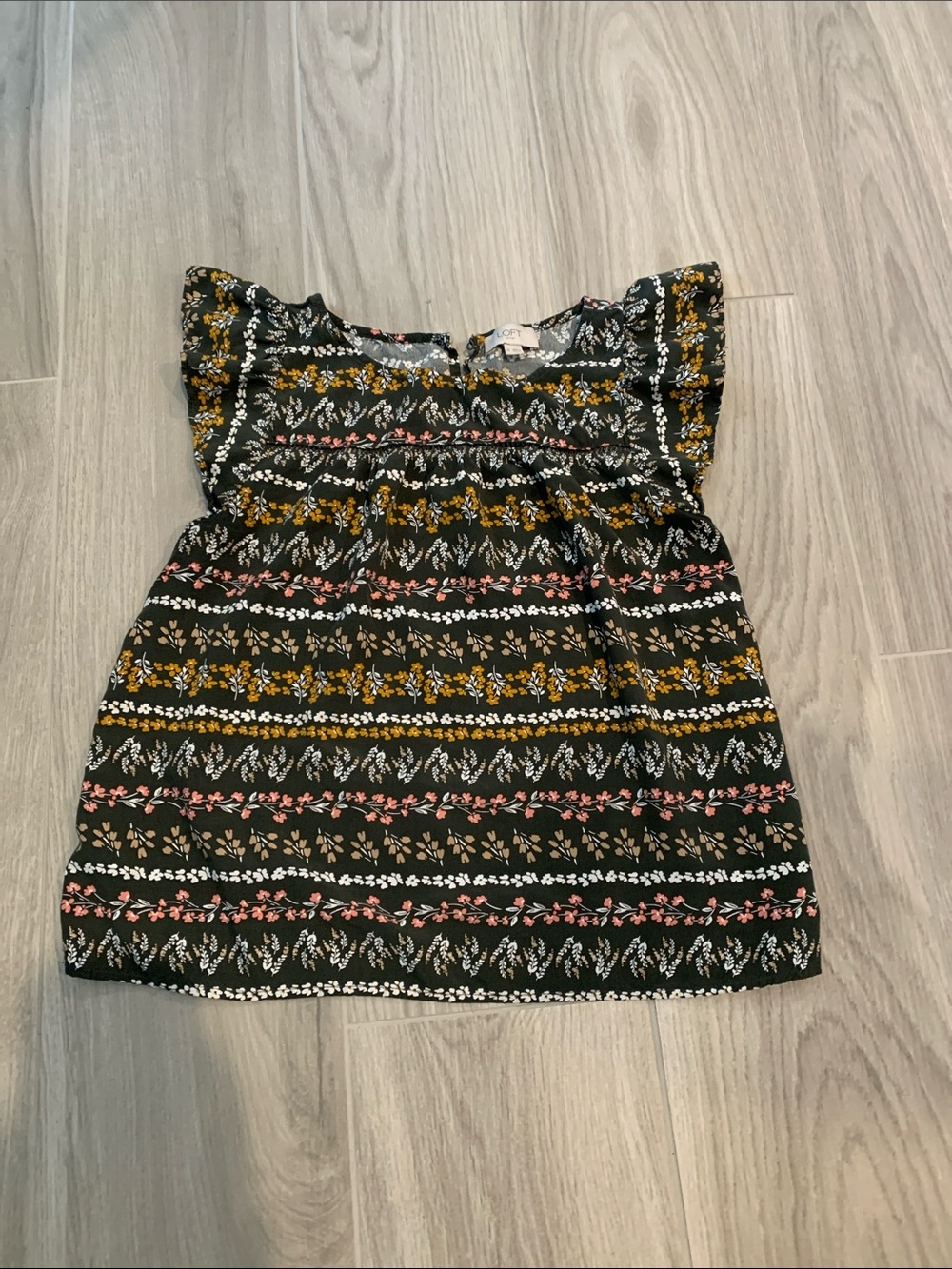 LOFT Black Floral Stripe Flutter Sleeve Blouse